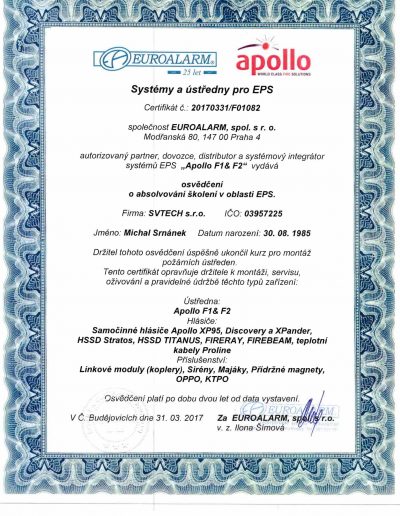 Certifikát APOLLO F1 & F2