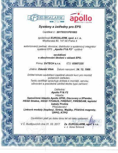 Certifikát APOLLO F1 & F2